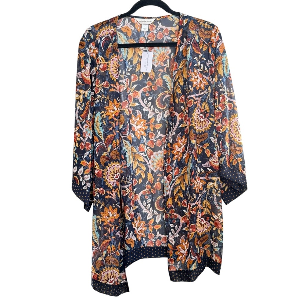 Christopher &‎ Banks Floral Kimono Shawl Beach CoverUp Sz L/XL Sheer Vacation